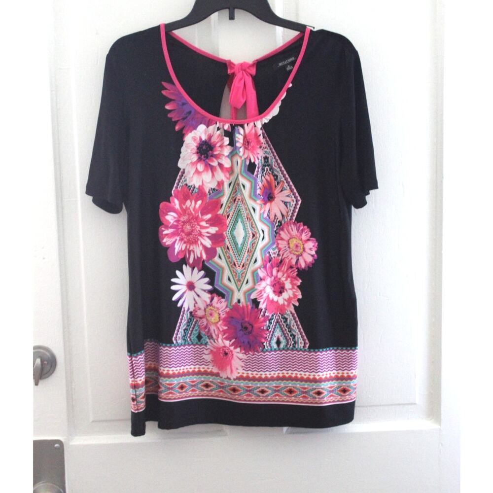 Notations Women's Floral Aztec Blouse Size Medium Short Sleeve